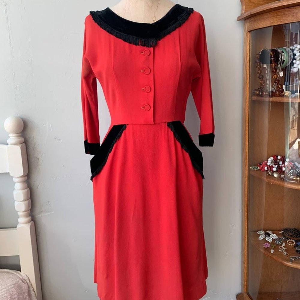 1940s 40s Vintage Red Rayon Crepe Dress with Black Fringe by "Polly Brief"